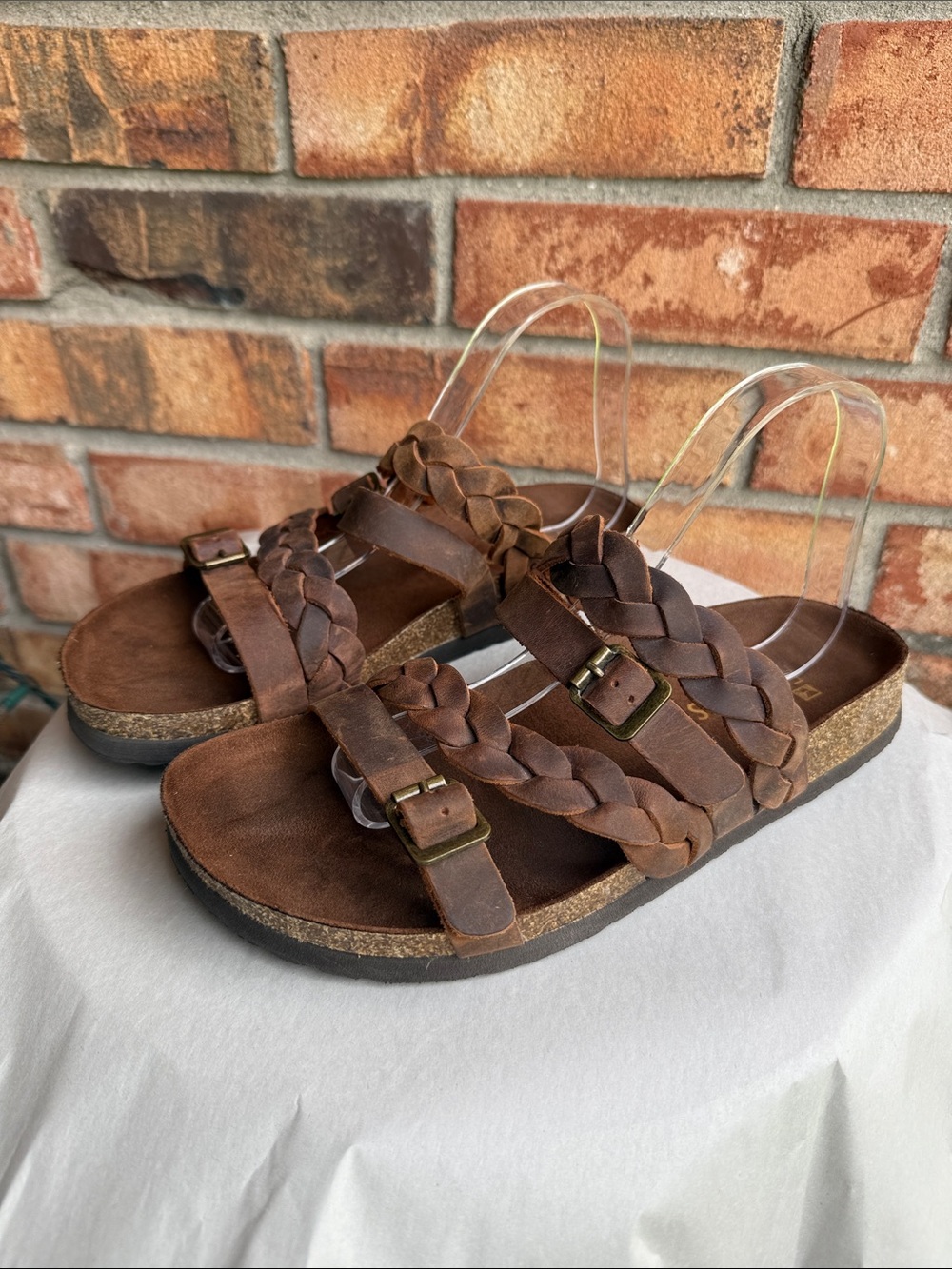 White Mountain Holland Brown Braided Triple Strap Leather Slide Sandals SZ 9